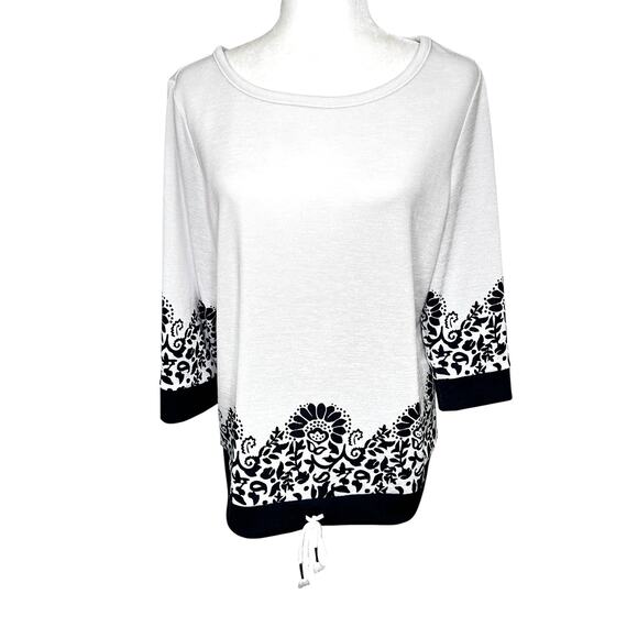 T by Talbots White Navy Floral Paisley Drawstring Hem 3/4 Sleeve Top - Picture 2 of 7